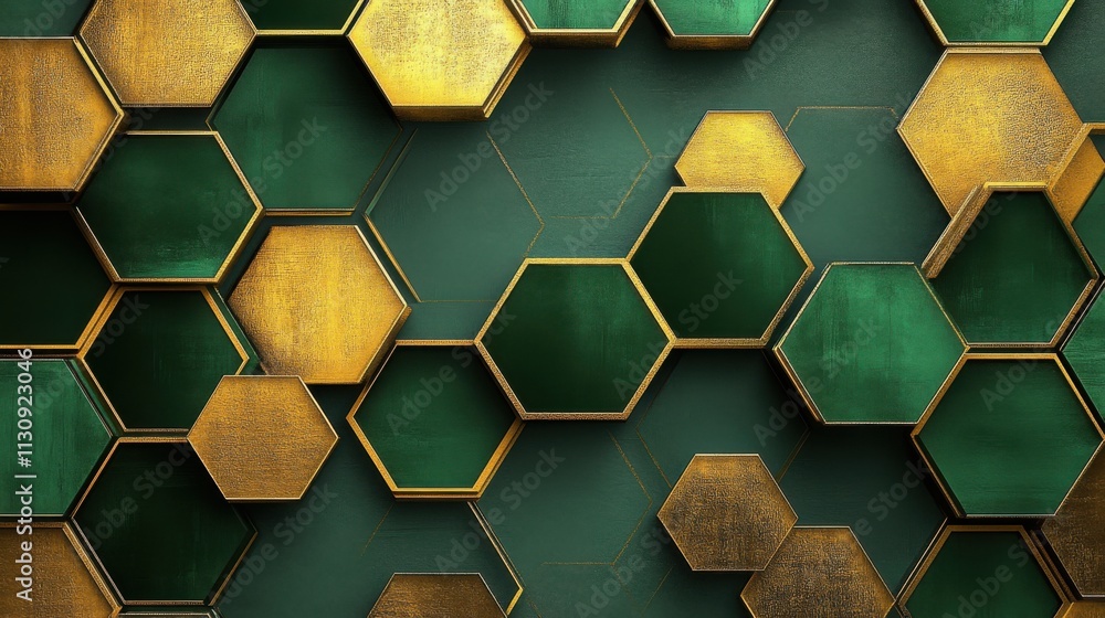 Poster abstract design featuring gold and green hexagonal shapes creating a modern, luxurious look.