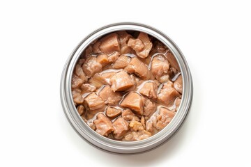 Obraz premium High quality canned cat food on a white plate viewed from above