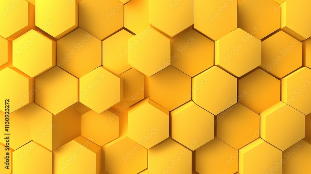 Poster vibrant yellow hexagonal pattern creating a three-dimensional effect, highlighting geometric beauty.