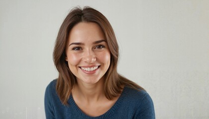 Friendly young woman with genuine smile in casual teal sweater against minimal background with copy space