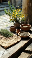 Fototapeta premium Nature-inspired aesthetic traditional woven blanket on a weathered table in a cozy setting