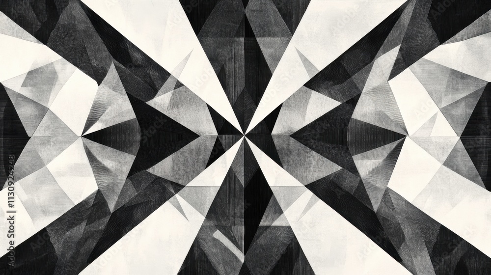 Poster abstract black and white geometric design featuring sharp angles and a symmetrical pattern.