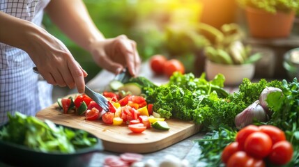 Fresh and Colorful Vegetable Preparation for a Healthy Meal: Hands Chopping Tomatoes, Peppers, and Greens in a Vibrant Kitchen Setting
