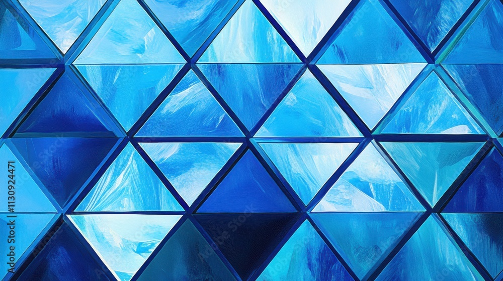 Poster abstract blue geometric pattern featuring triangles in varying shades, creating a dynamic visual eff
