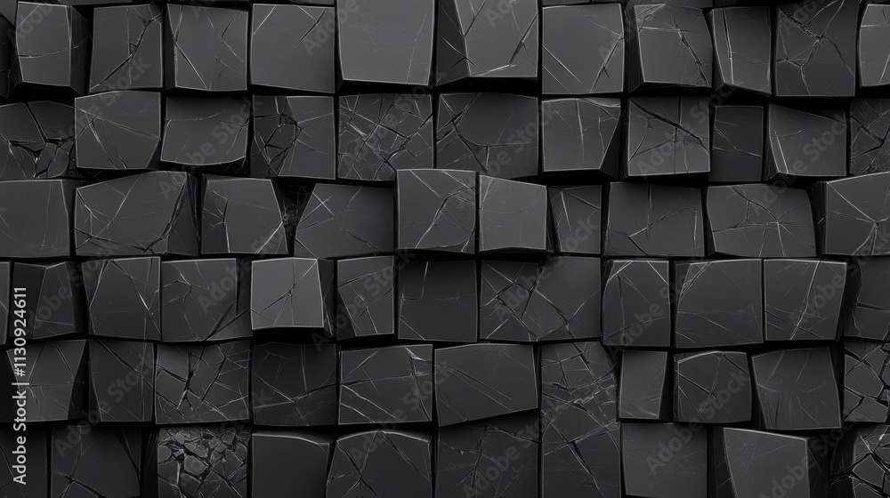 Poster abstract black stone wall with textured cubic shapes and cracks, creating a modern and dramatic back