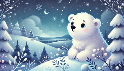 Obraz premium A Heartwarming Winter Night with One Polar Bear Gazing into the Peaceful Snowy Distance, Evoking the Tranquility and Magic of a Cozy Snowy Evening