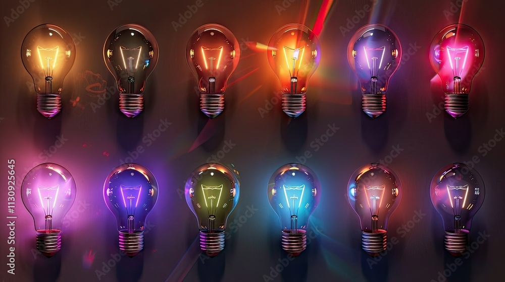 Poster a grid of light bulb icons in various styles and colors, representing ideas.