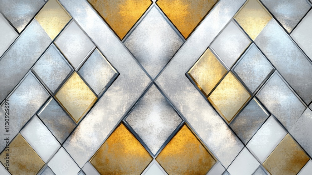Poster an abstract pattern featuring metallic silver and gold geometric shapes creating a modern, luxurious