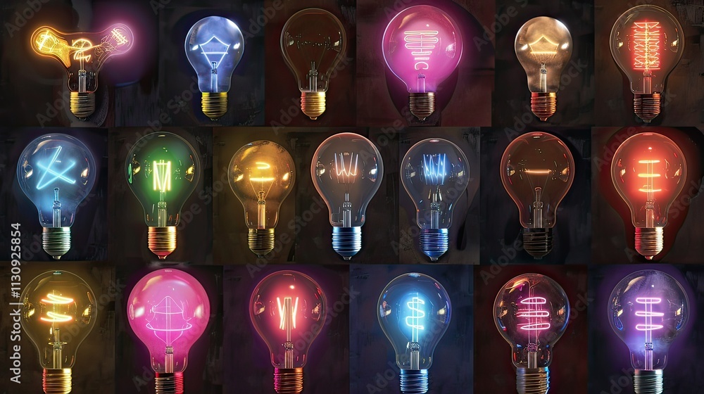 Poster a grid of light bulb icons in various styles and colors, representing ideas.