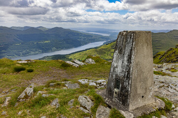 The Brack summit trig point view of Loch Lomond and Trossachs National Park, Arrochar Alps, Arrochar, Scotland