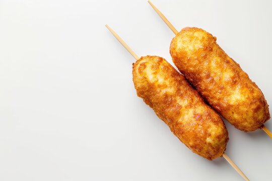 Homemade corn dogs deep fried top view on white background with copy space
