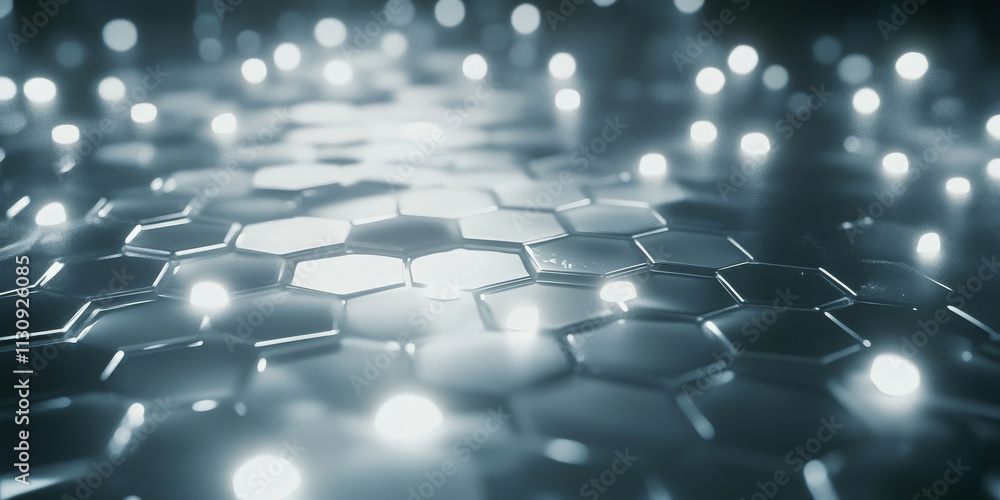 Poster abstract metallic silver background with glowing hexagonal shapes. soft white lights illuminate the 