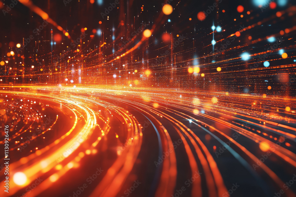 Poster a dynamic digital theme featuring cascading lights and vibrant pathways in glowing shades of red and