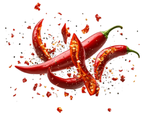 Falling bursting chili peppers on white and transparent background 