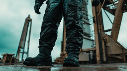 Person in Protective Gear Standing at Oil Rig Site Under Dramatic Cloudy Sky, Showcasing Industrial Safety Standards and Essential Oil Extraction Environment
