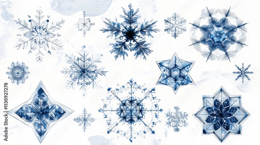 Poster a beautiful array of intricate snowflakes in varying blue tones, showcasing delicate patterns and sh