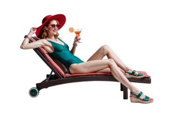 Cheerful woman resting in a pool lounger