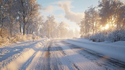 Obraz premium Empty Snow Covered Road in Winter Landscape.