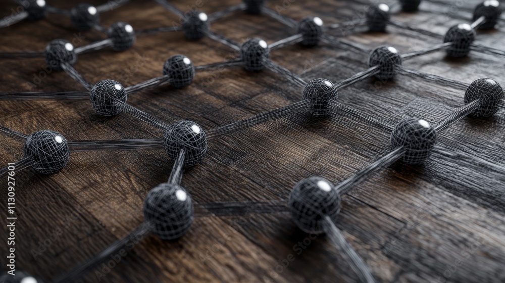 Poster close-up of a 3d molecular structure on a wooden surface, showcasing intricate interconnected nodes 