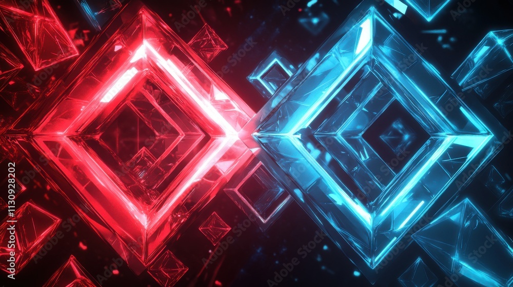 Poster a striking contrast of red and blue geometric crystals floating in a digital space, creating a dynam