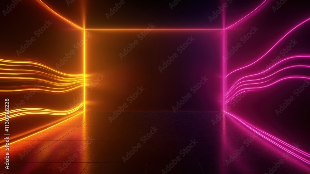 Poster vibrant neon lights in an empty room create a dynamic and futuristic atmosphere.