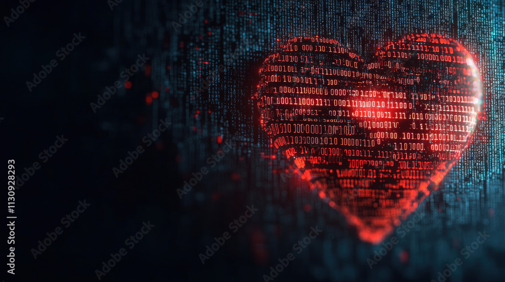 Poster valentines love heart digital technology. digital heart symbolizing love in a binary code background