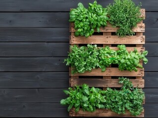 A vertical garden made from repurposed pallets, brimming with herbs and flowers