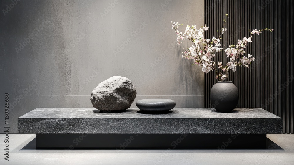 Poster zen stone arrangement displayed in harmony with a subtle gray backdrop, showcasing simplicity and tr