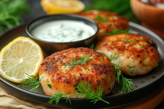 Homemade Thai fish cakes with white sauce dill and lemon on a plate