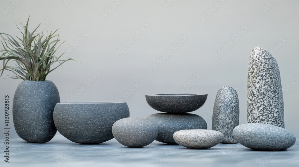 Poster zen stone arrangement displayed in harmony with a subtle gray backdrop, showcasing simplicity and tr