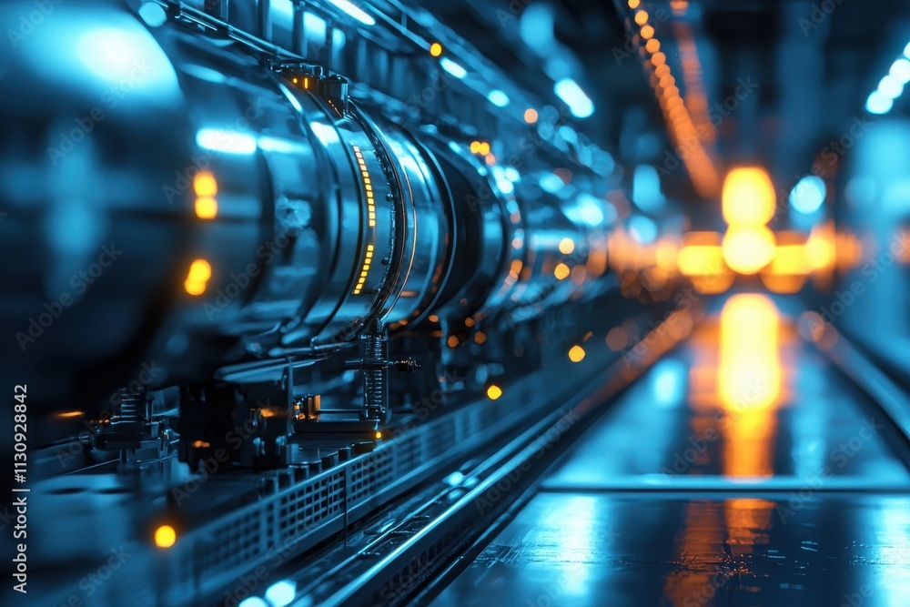 Poster dynamic energy flow of oil barrels powering sleek hyperloop technology in a high-tech industrial env