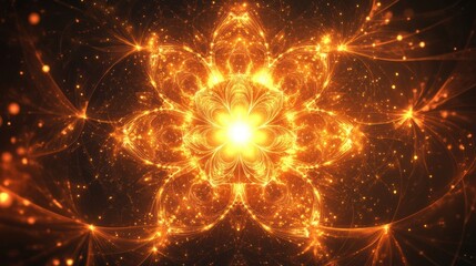 A vibrant golden fractal flower pattern radiating light against a dark backdrop, creating a mesmerizing visual effect.