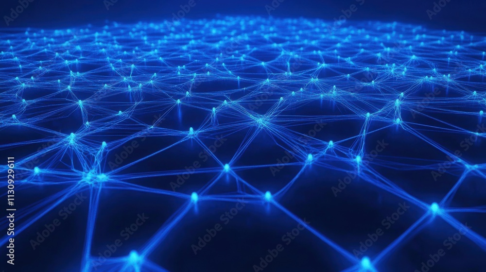 Poster abstract blue network connections creating a digital landscape of interconnected nodes.