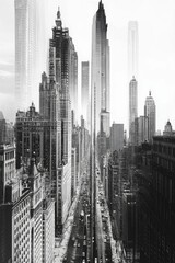 Naklejka premium Monochrome city street scene, tall buildings, urban landscape.