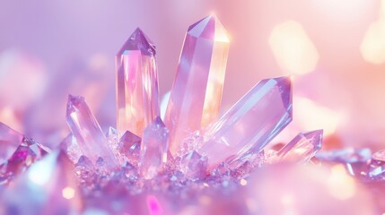 Fototapeta premium A stunning arrangement of clear quartz crystals set against a pastel background, radiating tranquility and beauty.