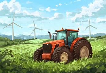 Obraz premium Orange Tractor in Green Field Near Wind Turbines Under Blue Sky