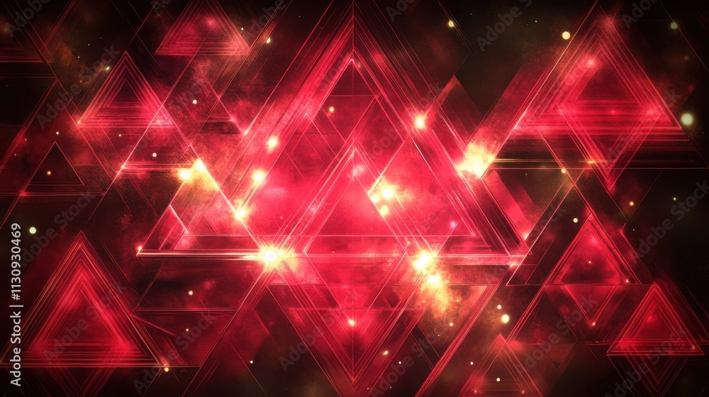 Poster abstract geometric pattern featuring vibrant red triangles and sparkling lights in a cosmic setting.