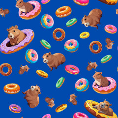 Kawaii Capybara Donut Land: Whimsical capybaras floating on colorful, sprinkle-covered donuts create a seamless pattern full of charm and sweetness.