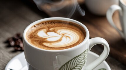 Obraz premium Close up of steaming cup of coffee or tea on vintage table - early morning breakfast on rustic background
