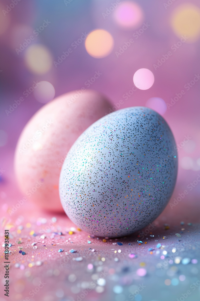 Poster glittering easter eggs resting on sparkling surface with bokeh background