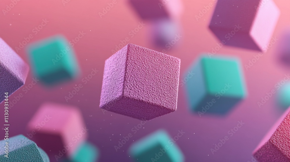 Poster colorful 3d cubes float in space, creating a dreamy and abstract atmosphere with soft pastel tones.