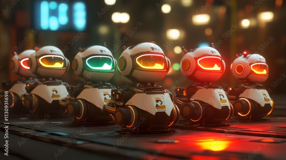 Poster colorful robot companions in futuristic environment showcasing high-tech features and expressions un