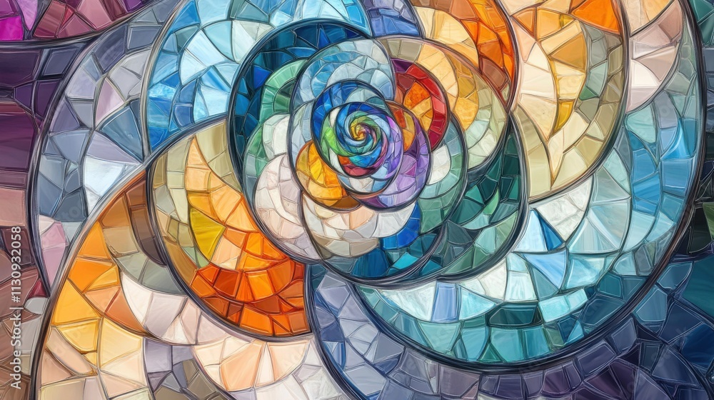 Poster a vibrant, colorful spiral mosaic with intricate patterns and vivid hues, creating a mesmerizing vis