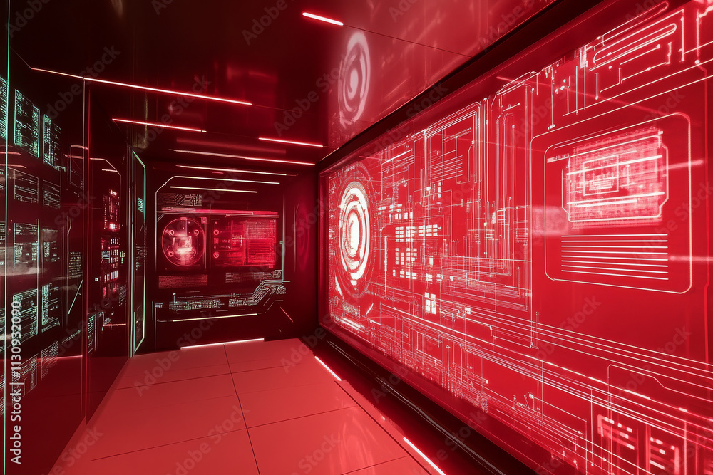 Poster a cutting-edge digital technology theme featuring glowing red circuits and dynamic virtual screens.