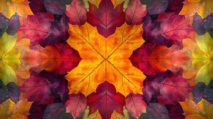 Fototapeta premium A vibrant display of autumn leaves in various shades, creating a symmetrical pattern of warm colors.