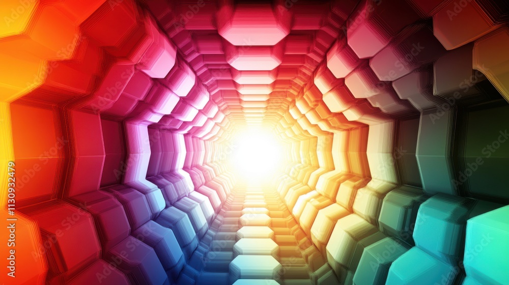 Poster a vibrant, abstract tunnel of hexagonal shapes radiating colorful light at the end, creating a mesme