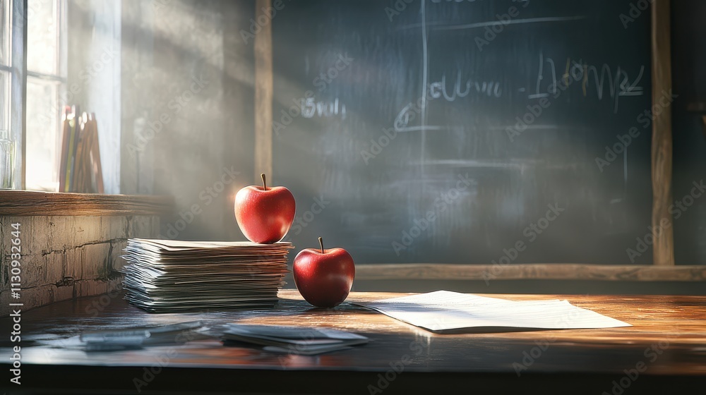 Poster two red apples on a wooden desk surrounded by stacks of papers in a softly lit classroom with a blac