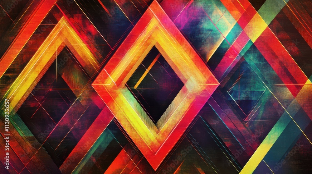 Poster a vibrant abstract design featuring colorful geometric patterns and diamond shapes.