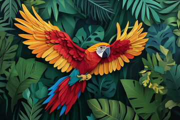 Obraz premium Paper cut, macaw on emerald green background, intricate wing patterns and vibrant colors, exotic bird art.