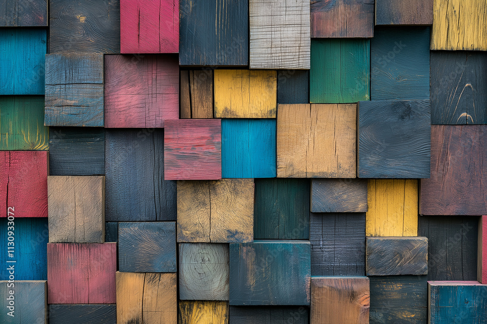 Poster wood aged art architecture texture abstract block stack on the wall for background, abstract colorfu